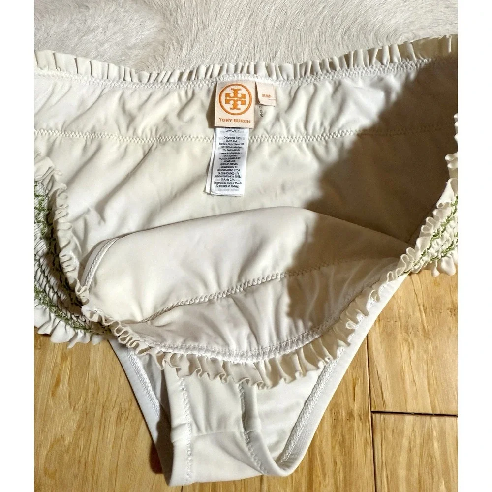 Tory Burch Costa‎ White Green Smocked Hipster Women's Bottom Ruffle Size Medium